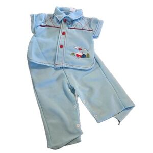 Vintage 70s 80s Baby Outfit Pants Shirt Blue Red 6-9 Months? Cabin Scene Snaps